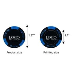 A round clay poker chip in black with blue detailing, featuring a logo at the centre.
