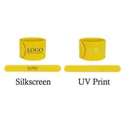 Two yellow silicone slap bracelets displayed side by side, one with silkscreen printing and the other with UV print.