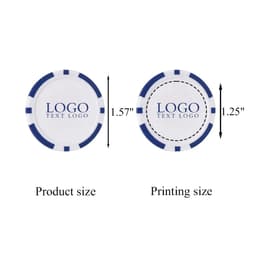 A set of circular chips in white and blue, displaying a logo design with specified product and printing sizes.