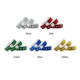 A selection of disposable laser holographic identification bracelets in silver, red, green, blue, and yellow with a logo.