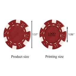A set of red plastic poker chips with white accents, featuring a logo area for custom printing.