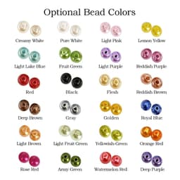 A display of optional bead colours for a product, featuring various shades including pink, purple, yellow, and green.