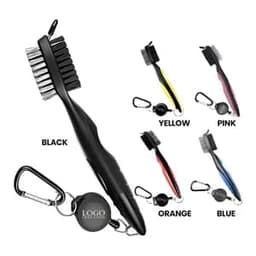 A golf club brush and groove cleaner in black, with additional brushes in yellow, pink, orange, and blue. Includes a logo.