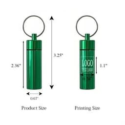A green waterproof pill box keychain with a circular keyring attachment and dimensions displayed beside it.