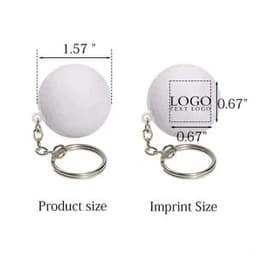 A white golf ball stress ball keychain with a metal loop. Includes dimensions for product and imprint sizes.