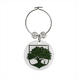 A wine charm featuring a circular white disc with a green tree design and a silver hoop.