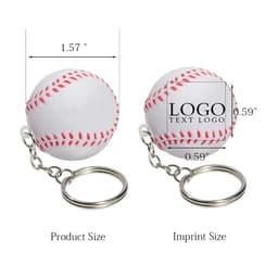 A baseball-shaped stress ball in white with red stitching, attached to a silver keychain. It features a logo.