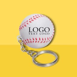 A baseball-shaped stress ball keychain in white with red stitching and a logo.