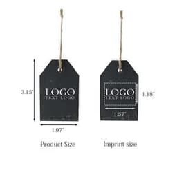 A black slate label hang tag with a natural twine string, featuring a logo and measurements displayed.