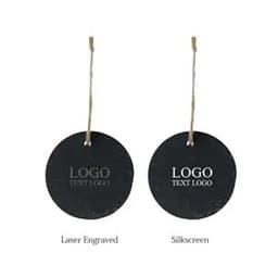 Two round black slate hang tags with twine, featuring a logo design, one with laser engraving and one with silkscreen printing.