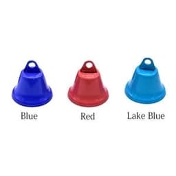 Three colorful bells in blue, red, and lake blue, each with a small handle at the top.