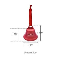 A red promotional bell with a ribbon, featuring a logo, and dimensions of 1.07 inches in height and 1.53 inches in diameter.