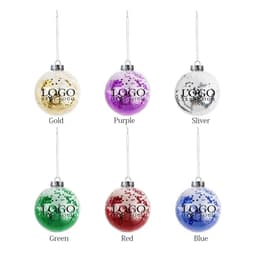 Six holiday ornaments in gold, purple, silver, green, red, and blue with a logo. Each ornament features shatter-resistant confetti.