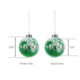 Shatter resistant holiday ornaments in clear with green confetti, featuring a logo on the front.