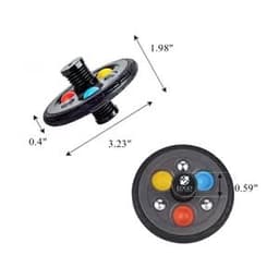 A black fidget spinner with red, blue, yellow, and green buttons, showcasing different angles and dimensions.