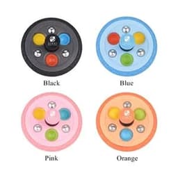 Four spinner sensory stress relief fidget toys in black, blue, pink, and orange, each with coloured buttons and silver balls.