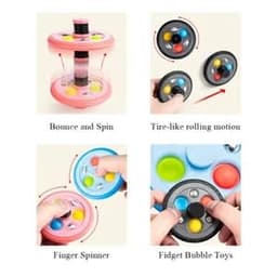 Four fidget toys in various styles, featuring vibrant colours like pink, blue, and black, with rolling and popping functions.