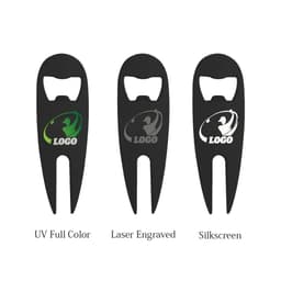 A drink bottle opener in black, featuring a built-in divot repair tool and a logo. Available in various designs.