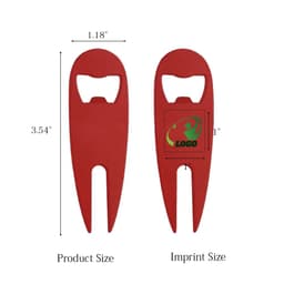 A drink bottle opener and divot repair tool in red, featuring a logo on one side. Dimensions: 3.54" x 1.18".