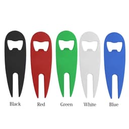 A drink bottle opener and divot repair tool in black, red, green, white, and blue. The item features a logo.