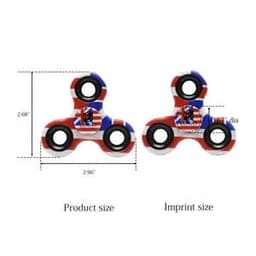 A hand finger spinner in red, white, and blue with circular holes and a logo. Detailed size dimensions included.
