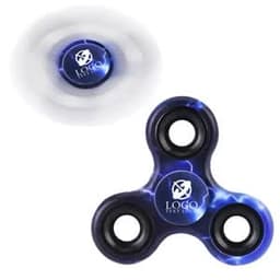 A custom classic hand finger spinner in blue with a logo in the center, spinning with a blurred effect.