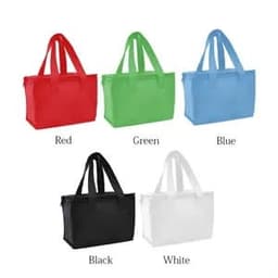 A collection of portable lunch cool bags in red, green, blue, black, and white, featuring carrying handles and branding.