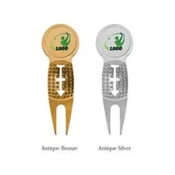 A golf ball marker gift box set featuring antique bronze and antique silver markers with a logo.
