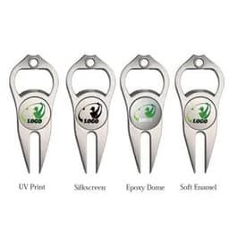A set of four golf magnetic cap clips with various designs, featuring silver metal construction and round markers.