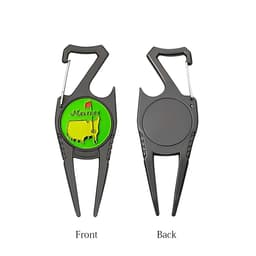 A black soft enamel golf divot repair tool with a green and yellow design on one side and a plain back.