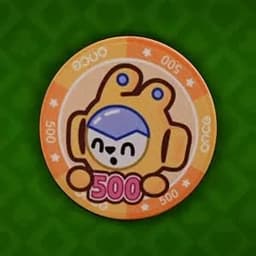 A round poker chip featuring a happy cartoon character with a blue helmet and the number 500, set against an orange background.
