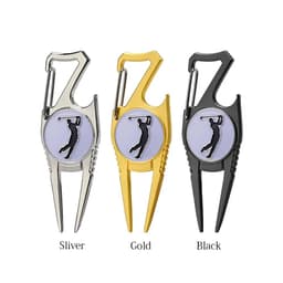 Three golf divot repair tools in silver, gold, and black, each featuring a logo and a clip for attachment.