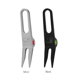 A metal golf divot tool in silver and black, featuring a logo and a small coloured accent on each.