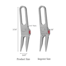 A metal golf divot tool, silver in colour, featuring a loop and a prominent logo. Measures 3.54 inches long.