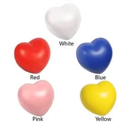 A collection of five heart-shaped stress balls in white, red, blue, pink, and yellow, featuring a smooth finish.
