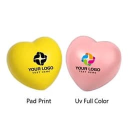 A yellow and a pink heart-shaped stress ball, both featuring a logo on their surfaces.