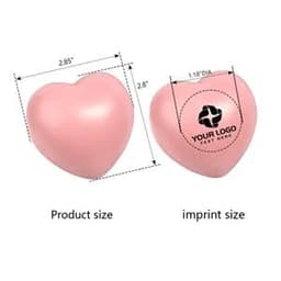 A pink heart-shaped stress ball with a logo imprint area, measuring 2.85 inches wide and 2.8 inches tall.