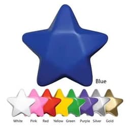 A star-shaped stress ball in multiple colours including blue, white, pink, red, yellow, green, purple, silver, and gold.