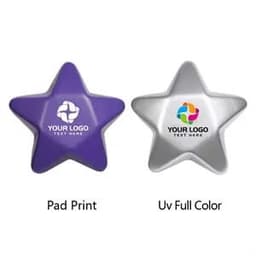 A star-shaped stress ball in purple and silver, featuring areas for branding and custom printing.