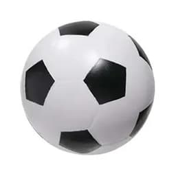 A soccer stress ball featuring a classic black and white design with a smooth surface and a logo.