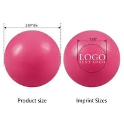 A custom solid pink round stress ball with dimensions displayed and an area for branding.