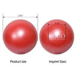 A shiny red stress ball with a smooth surface, featuring an area for logo imprinting and measurements displayed.