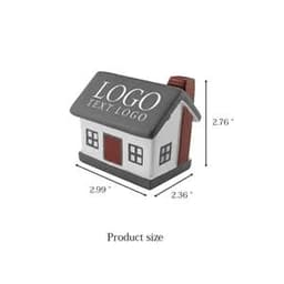 A house-shaped stress ball in white and grey with a red door, featuring a logo on the roof.