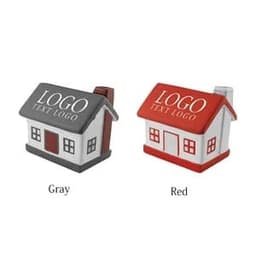 A house-shaped stress ball in grey and red, featuring windows and a chimney. It has a logo on top.
