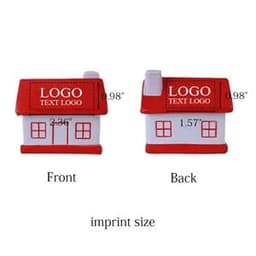 A house-shaped stress ball in red and white with a logo on each side. Features a roof and chimney design.