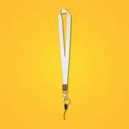 A white and brown custom polyester leather stitching lanyard with a metal clip and attachment.