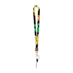 A colourful custom polyester leather stitching lanyard featuring bright designs, with a metal clip and logo.