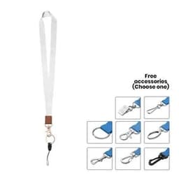 A white polyester leather stitching lanyard with a metal clip and various free accessory options displayed.