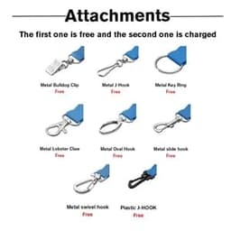 An assortment of metal and plastic attachments for lanyards, including clips, hooks, and rings in blue and black.