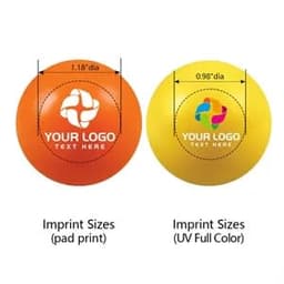 Two round stress balls in orange and yellow, each featuring a logo and indicating imprinted size options.